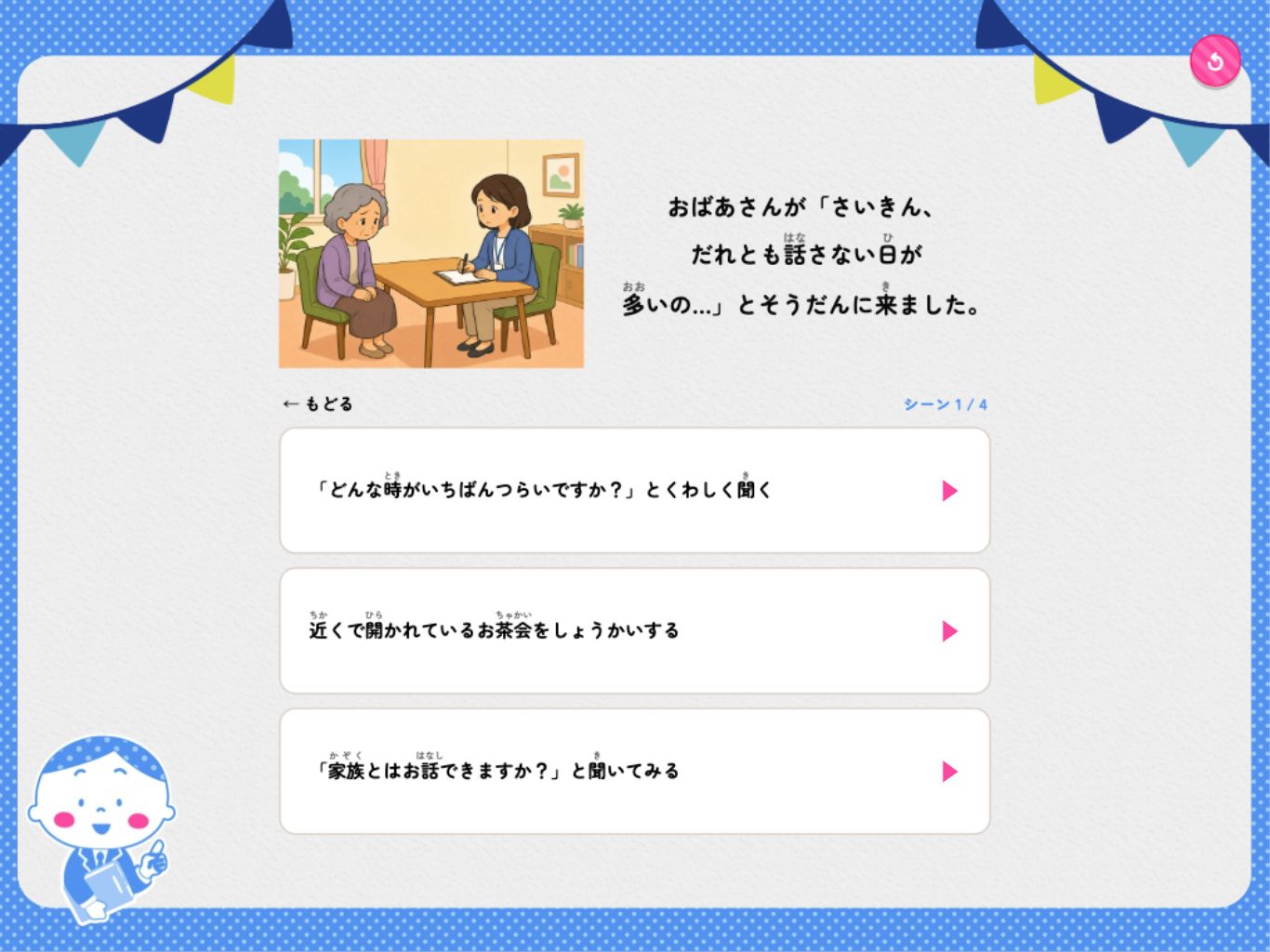 福祉の現場での対応を考える画面